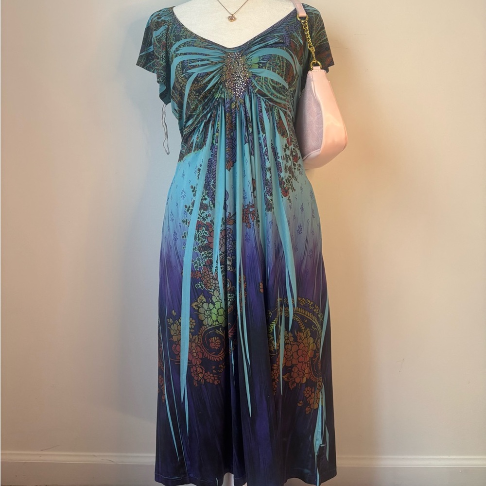 Elegant Blue and Purple Multicolored Y2K Women's Short Sleeved Dress